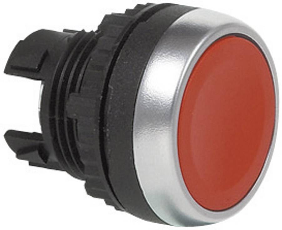Red push button with silver rim, suitable for mechanical trigger mechanisms or switching circuits, isolated contact points.