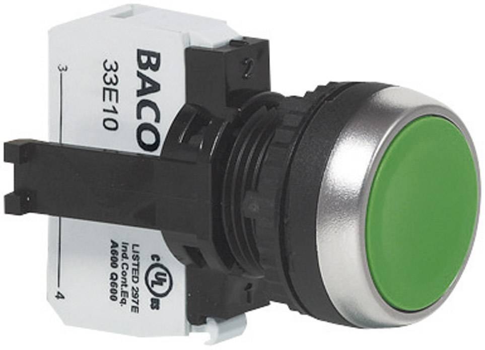 A green, round push button with a black base frame and the 'BACO' lettering on the side, designed for operating devices.