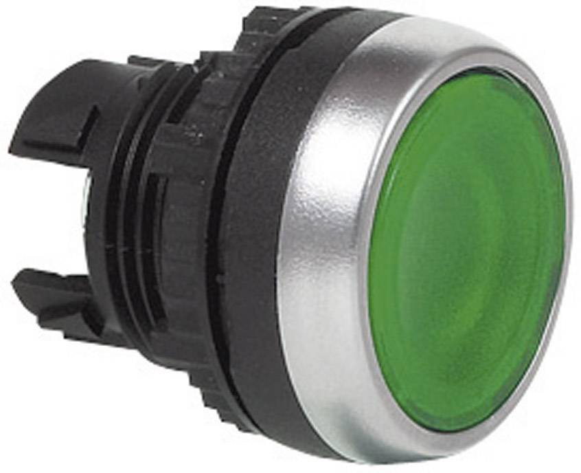 A round, green push button with a silver rim, mounted on a black base, commonly used in electronic devices.
