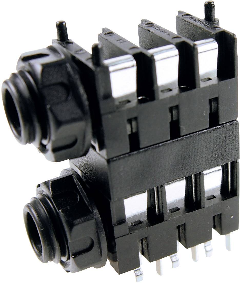 Black 6-pin audio socket in vertical configuration with two connection areas and side mounting elements.