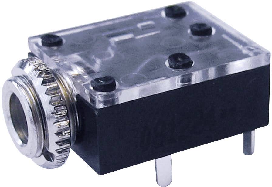 A transparent, rectangular audio plug with a metallic socket and multiple contact pins for electronic connection.