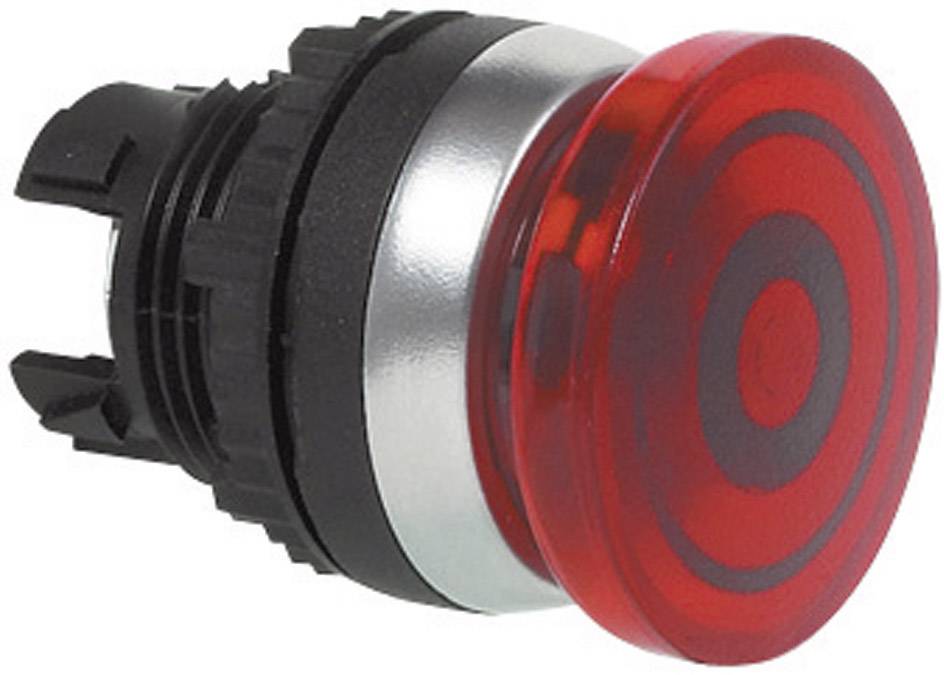 A round, red emergency stop button with a black housing.