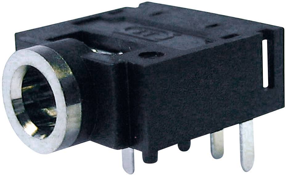 A black audio jack plug with a silver rim and multiple metal pins for PCB mounting.