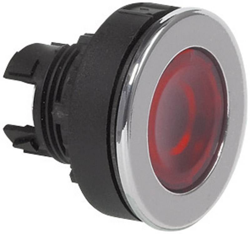 Round red push button with silver rim, suitable for control panels and electrical circuits. Completes the control panel design.