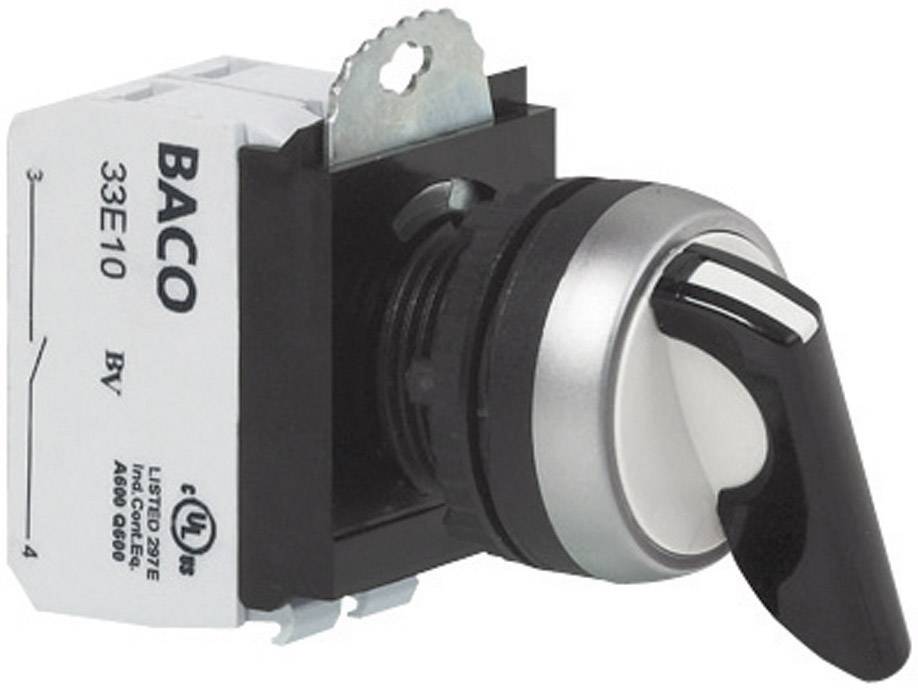 Black and silver switch by BACO, model 33E10, for controlling electrical devices. Device has a UL certification.