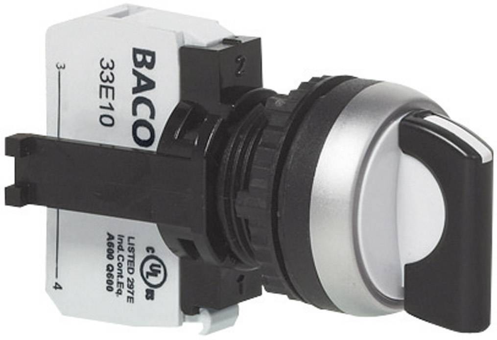 A black and silver switch with a round button, mounted sideways. Label marked 'BACO 33E10'.