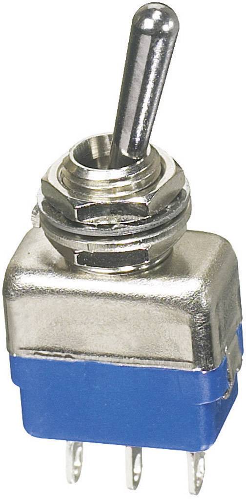 Metal toggle switch with a blue casing and three terminals at the base, standing and slightly tilted upwards.