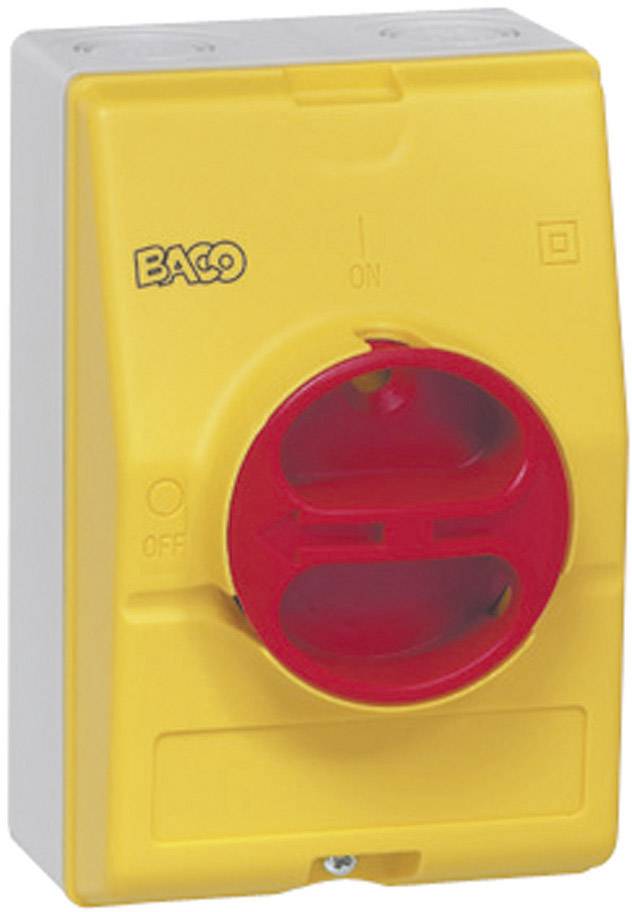 A yellow and red emergency stop switch with 'BACO' inscription, showing 'ON' and 'OFF' states, mounted on a wall plate.