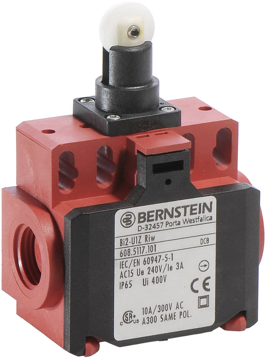 A red safety switch with a black push button and manufacturer label. Suitable for 10A/300V AC, protection type IP65.