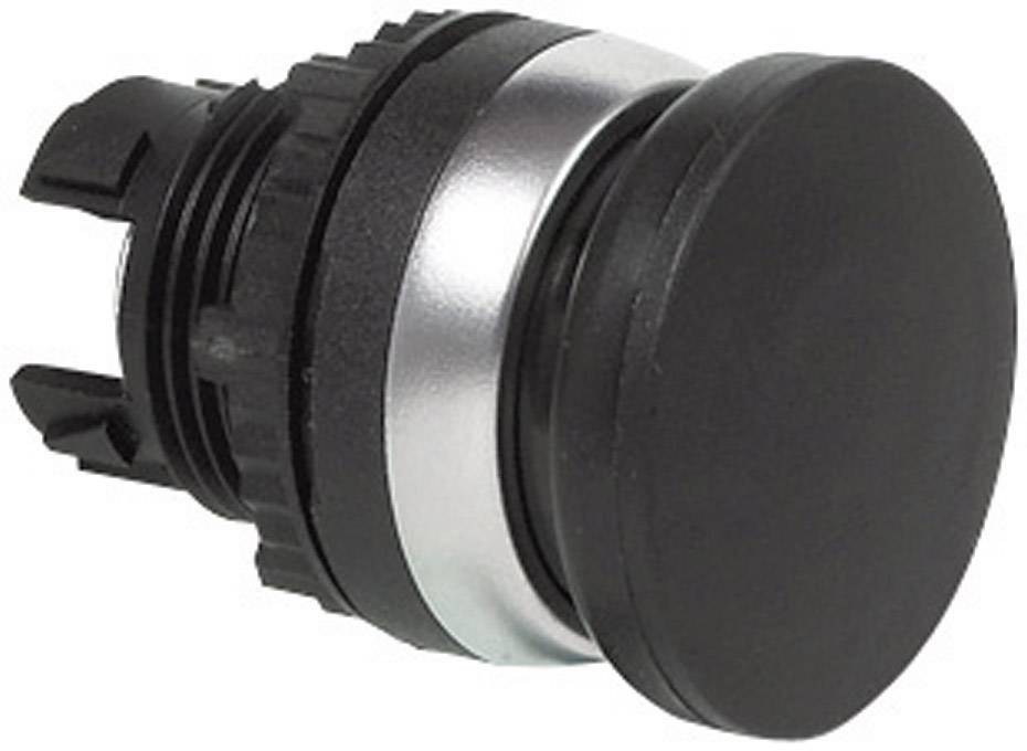 A round, black push button with a silver ring, suitable for industrial control panels.