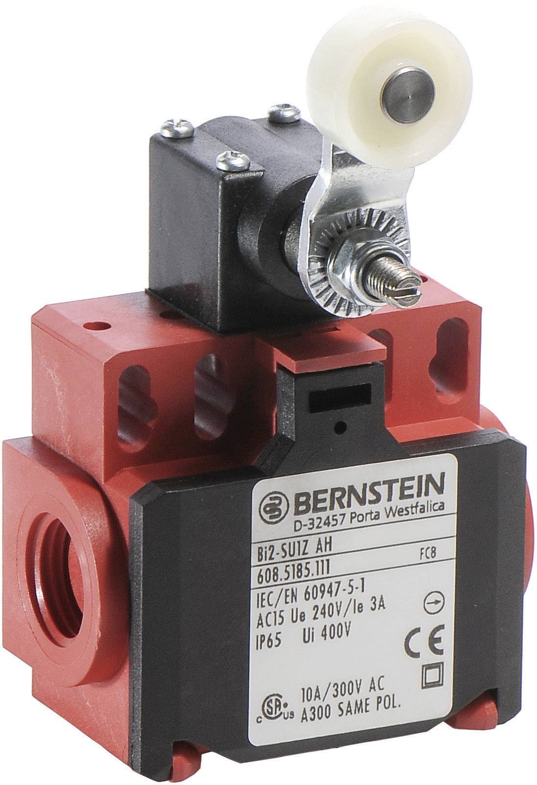 Pictured is a red and black industrial switch with a mounting base and lever mechanism. Technical specifications are printed on the label.