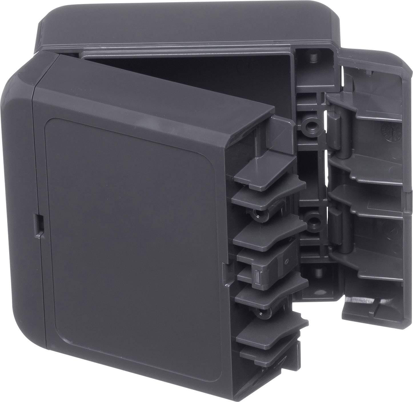 A black, rectangular plastic distribution box with an open front, revealing internal compartments or holders.