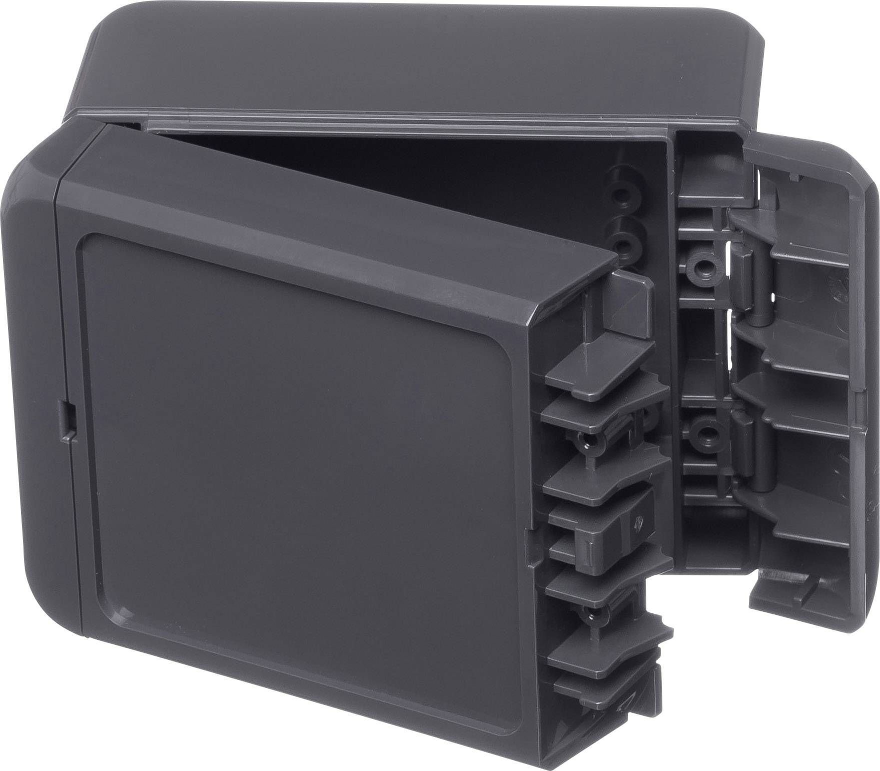 Black plastic case with an open lid, showing compartments and mounting brackets inside, possibly for electronic components.