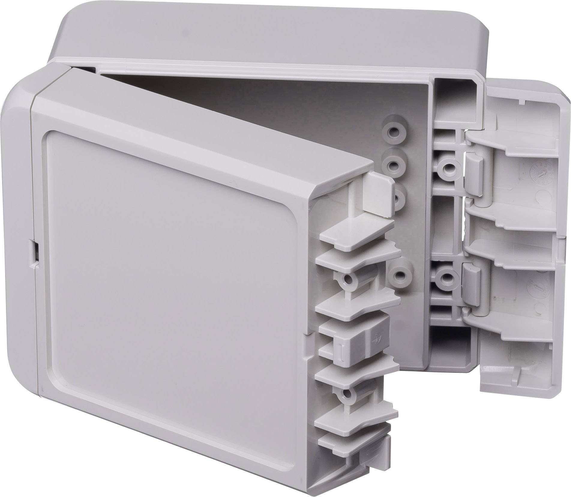 Grey, rectangular plastic enclosure with an open lid. Inside, mounting elements and cable routing can be seen.