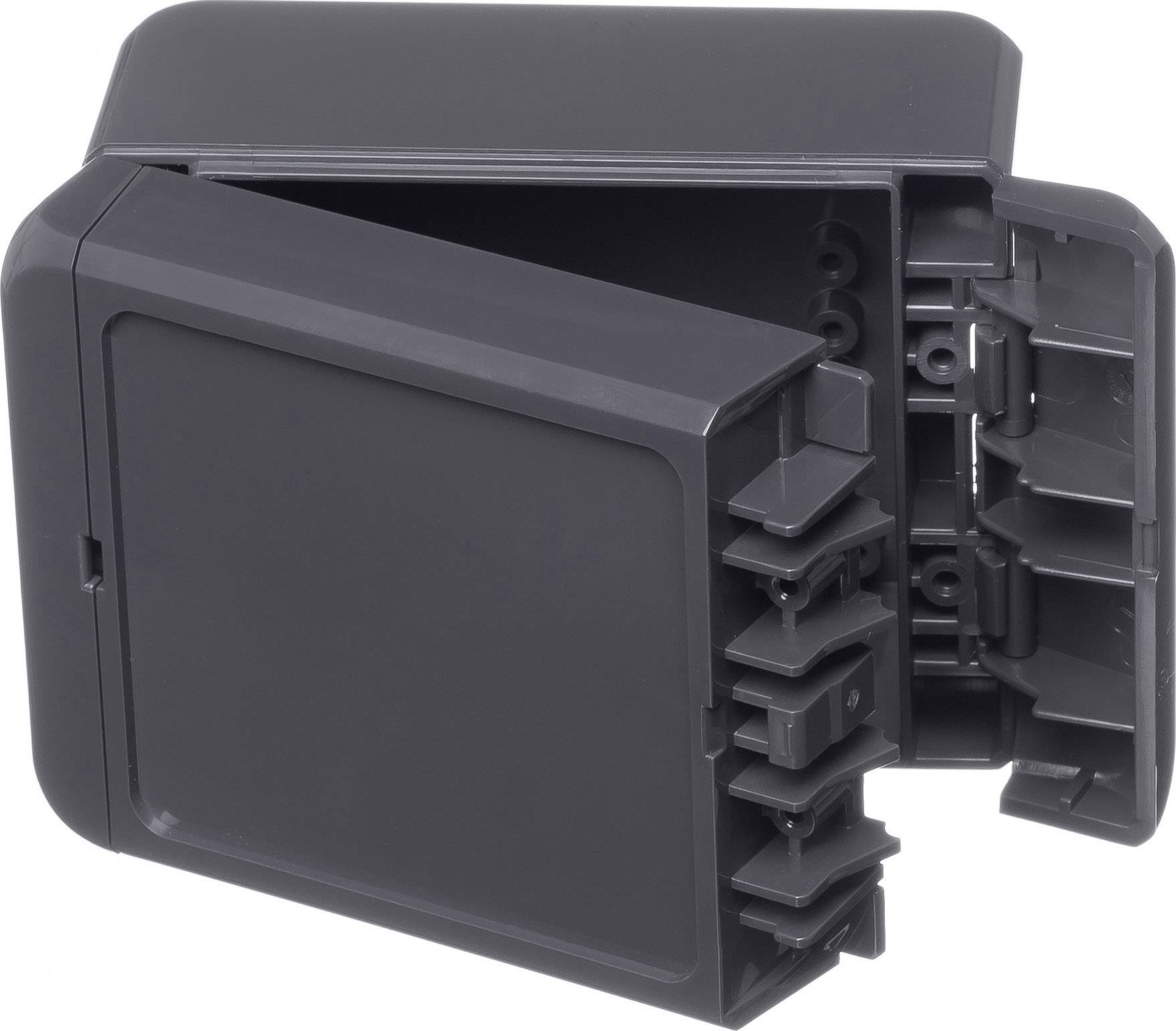 An open, dark plastic box with multiple compartments. The design enables the secure storage of items.