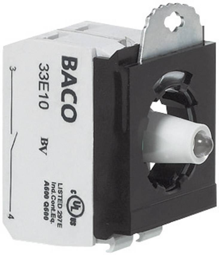 'BACO 33E10' switch component in white and black with metal mounting. Markings for electrical specifications visible.