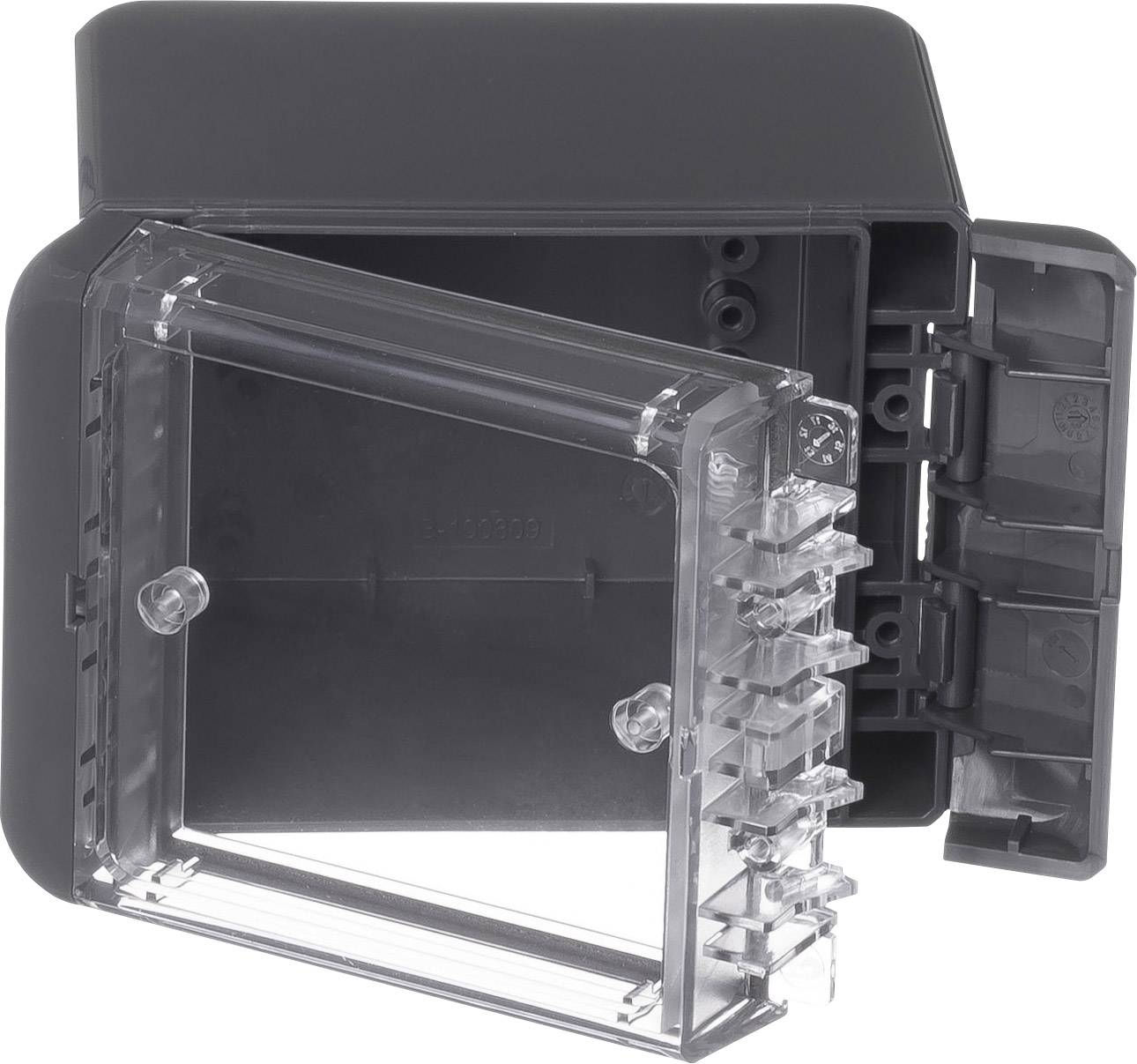 Grey weatherproof protective enclosure with transparent cover, shown open, suitable for outdoor use.