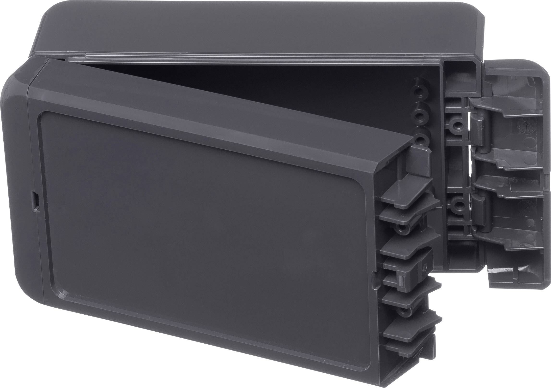 A dark grey, rectangular plastic enclosure with a removable lid, potentially used for electronic components.