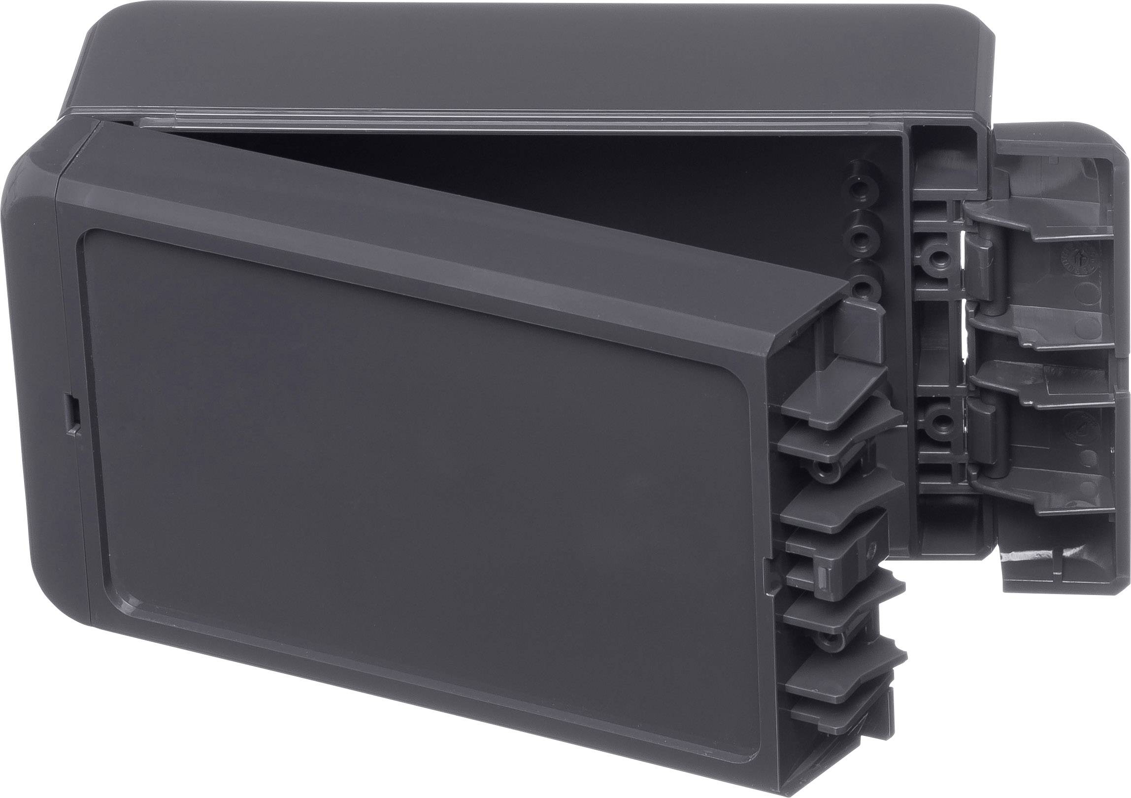 Black, rectangular plastic enclosure with open lid. Several internal compartments and mountings are visible. Suitable for electronic components.