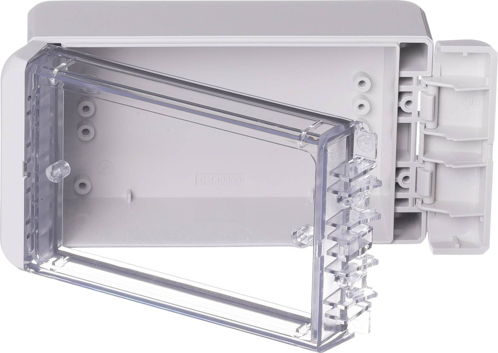 A transparent plastic enclosure with a removable lid, suitable for protecting electrical switchgear or equipment.