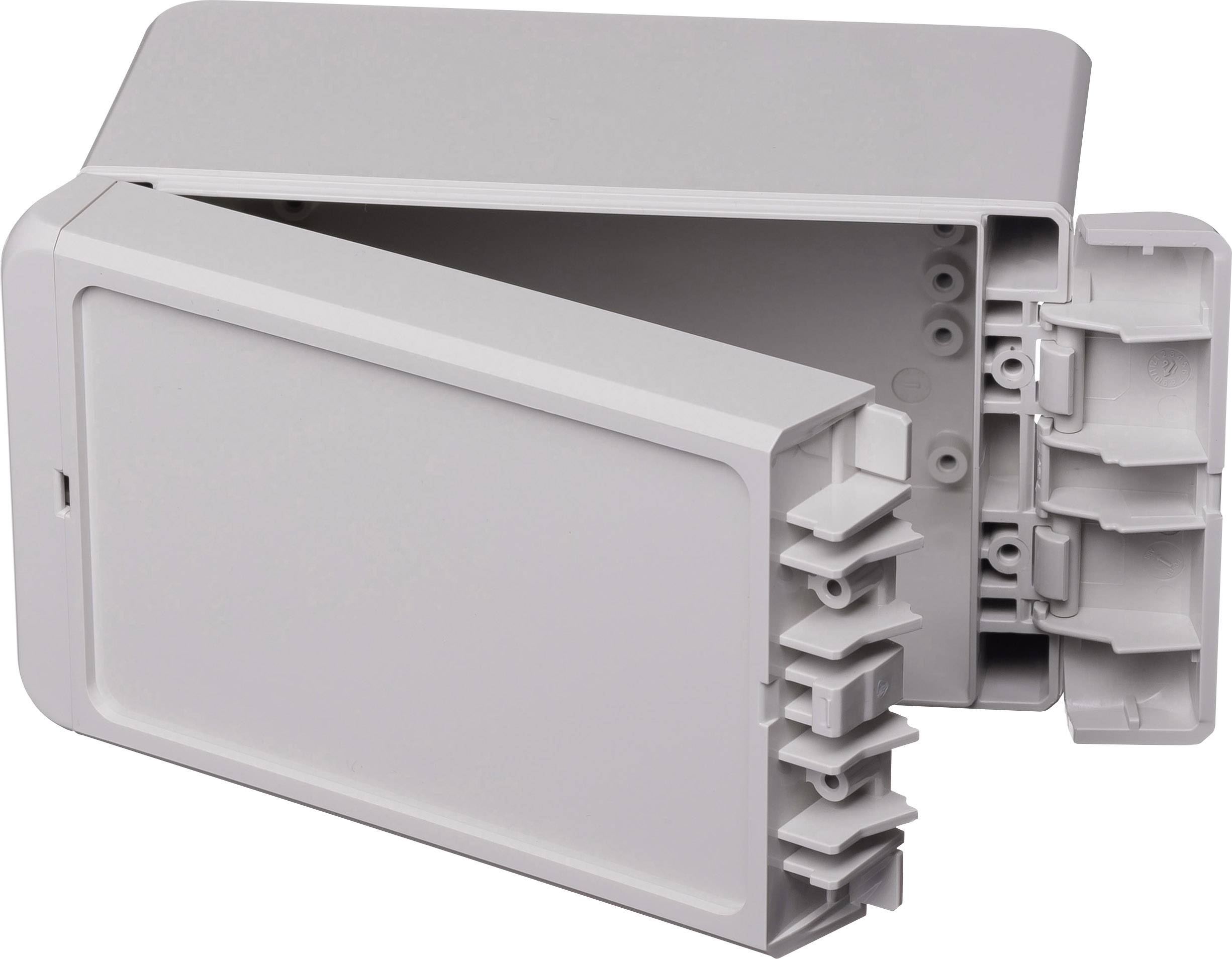 Grey, rectangular plastic casing with an open lid, revealing internal structure and mounting points.