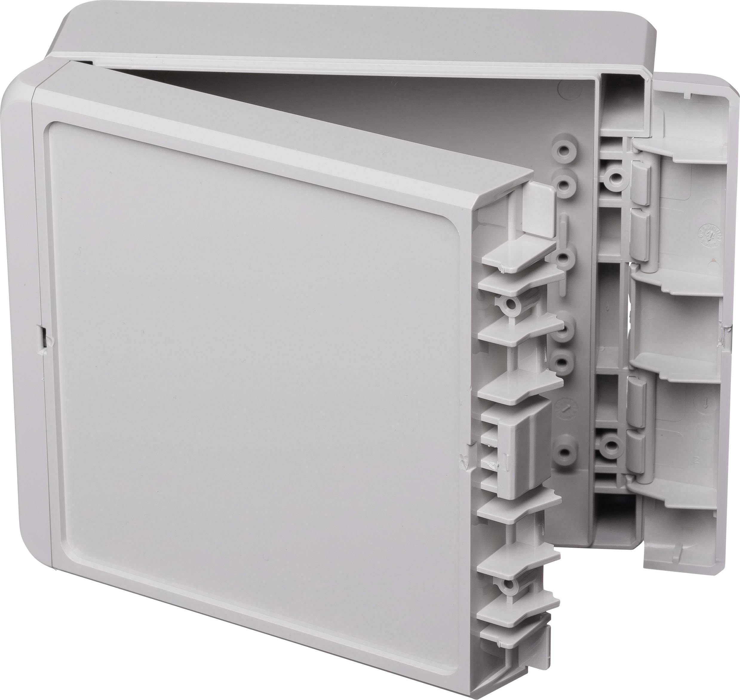 Grey plastic box with an open lid, showing internal mountings and recesses.