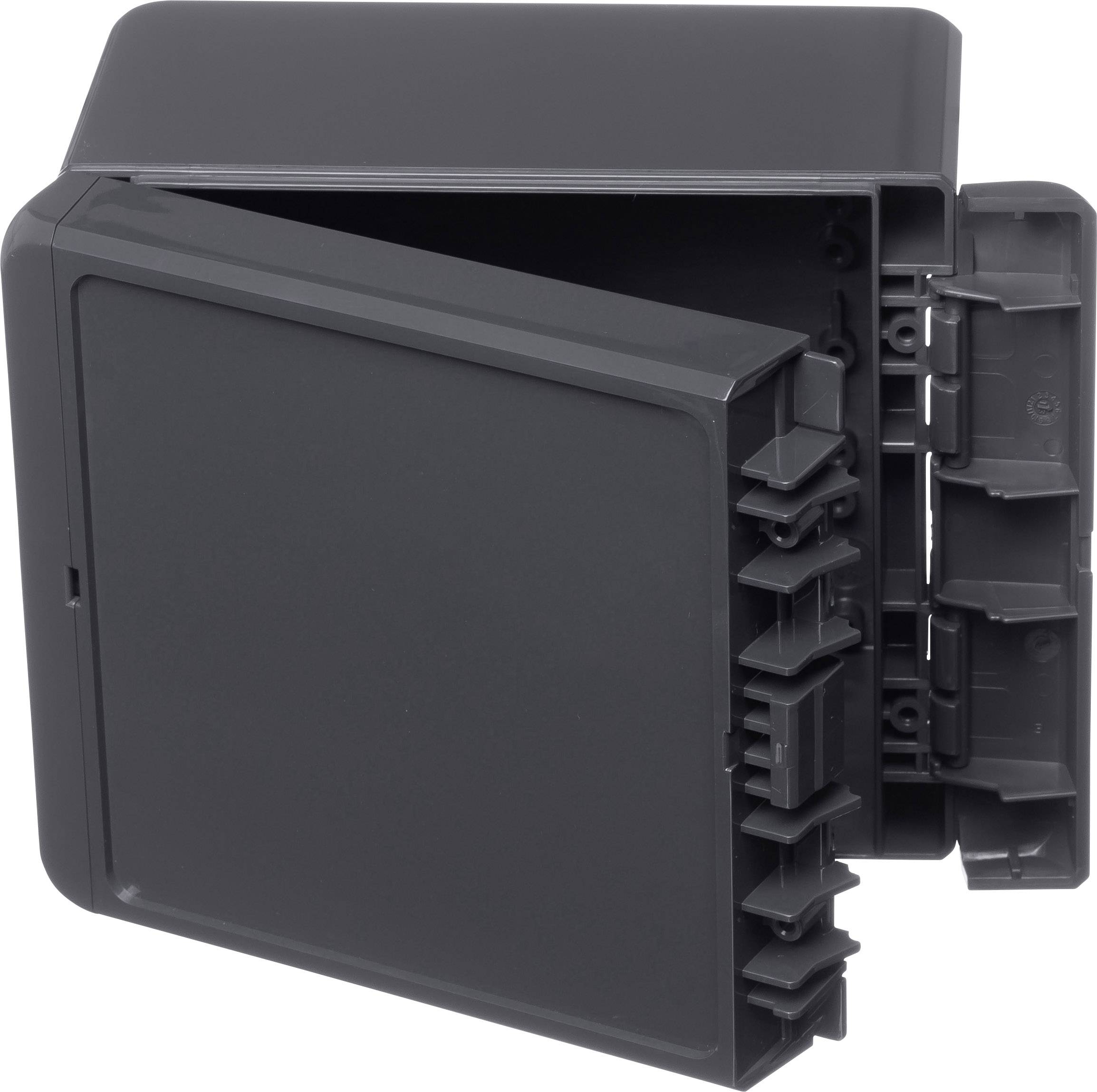 Black, opened plastic enclosure with multiple layers and compartments, likely for electrical or technical applications.