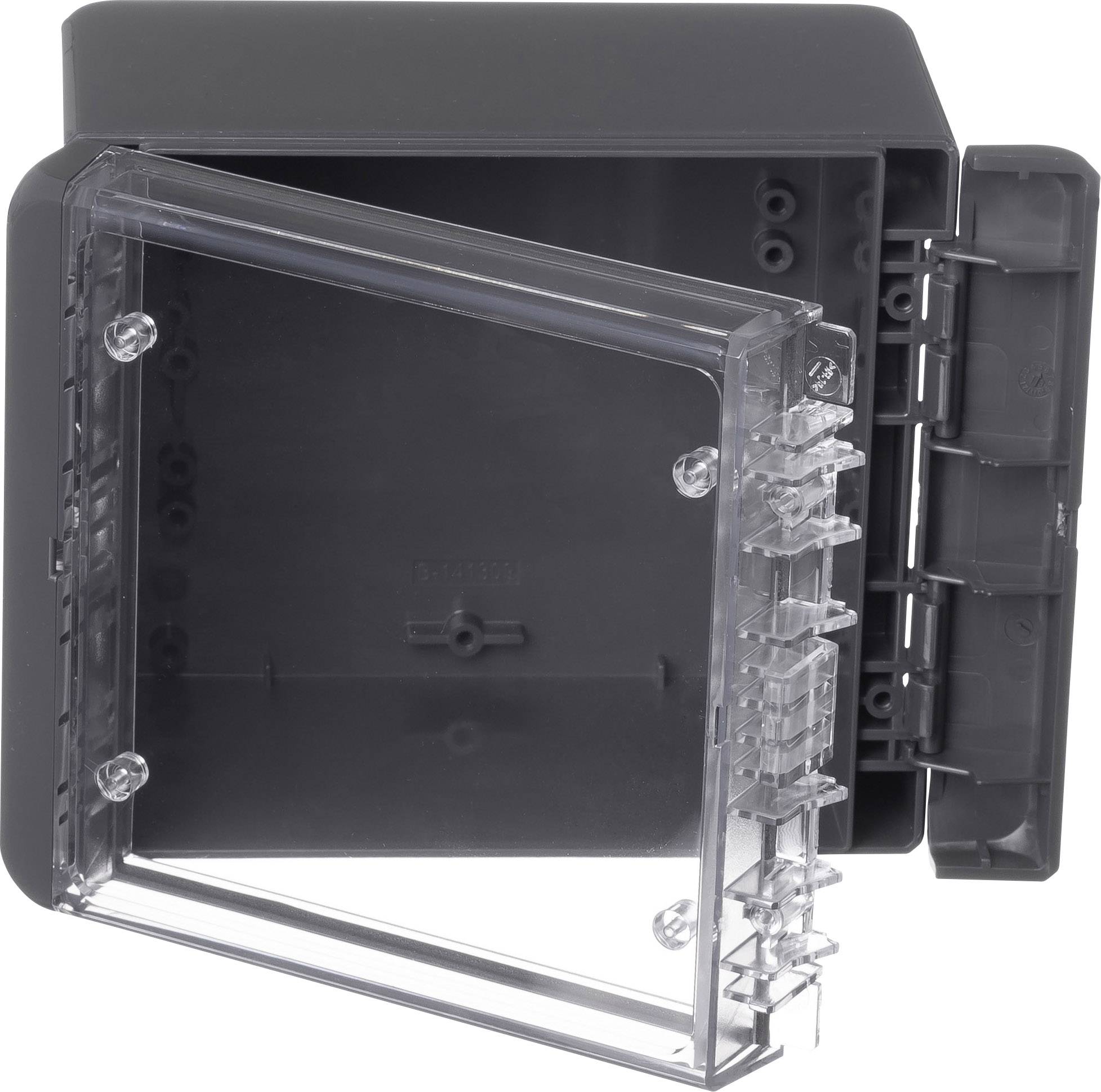 A square, grey plastic box with a transparent, open flap. Suitable as a protective enclosure for electronic devices.