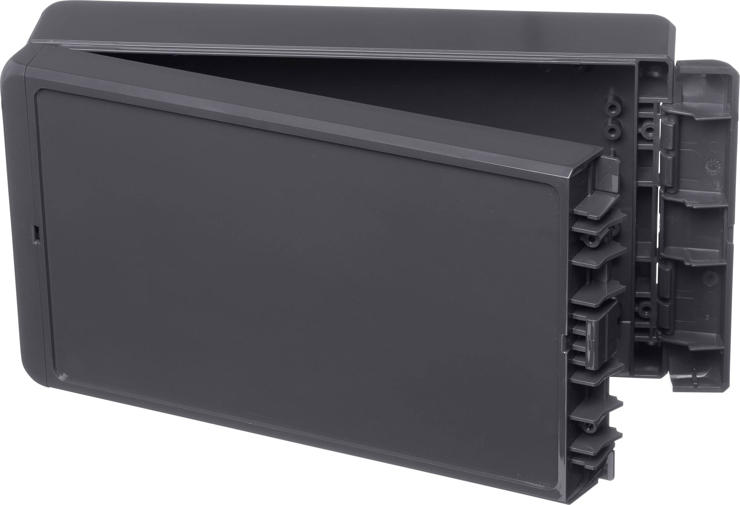 Black, rectangular plastic enclosure with a removable lid and multiple internal compartments. Suitable for storing electronic components.