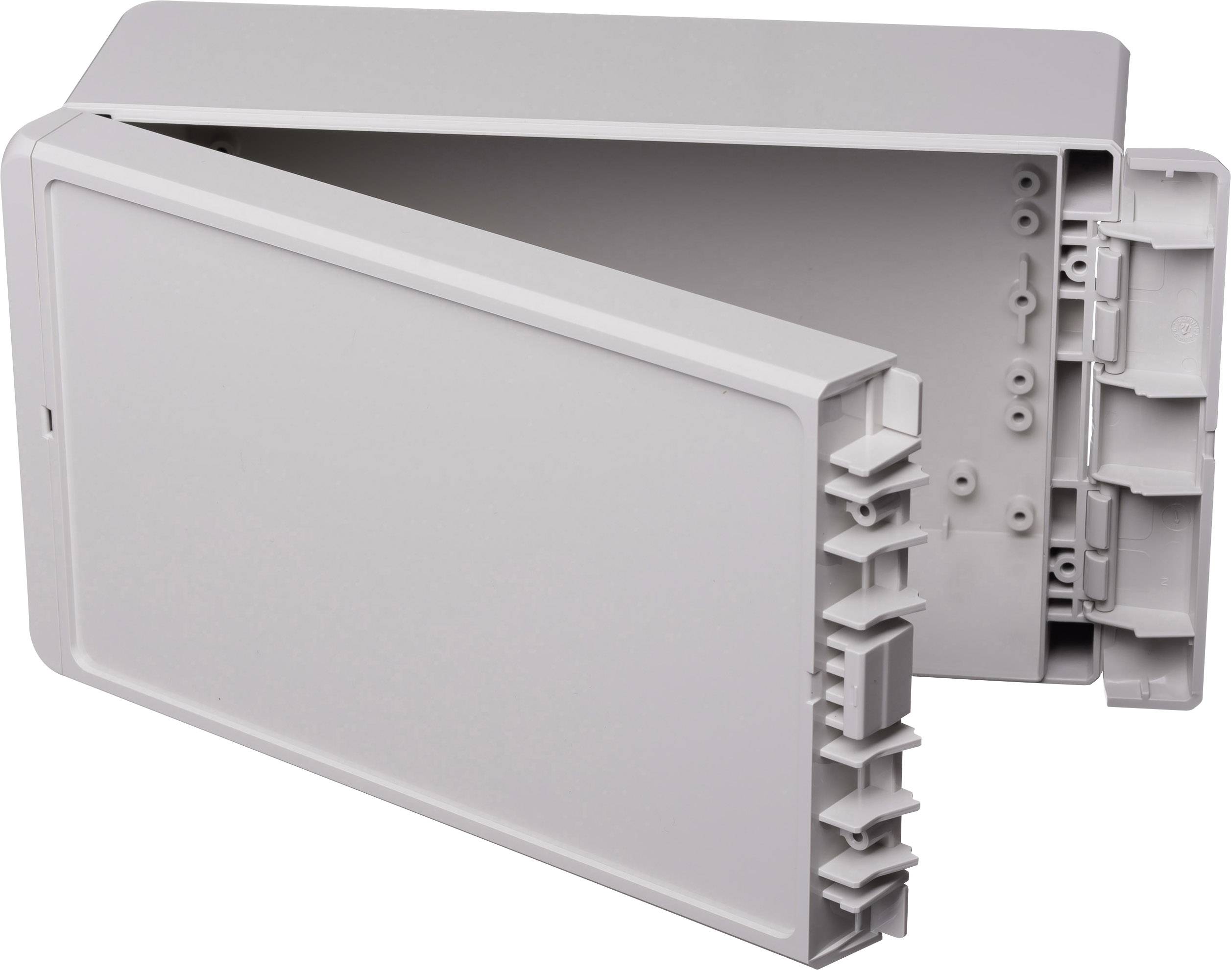 Grey plastic cover with hinge, partially open, revealing internal structure and mounting points.