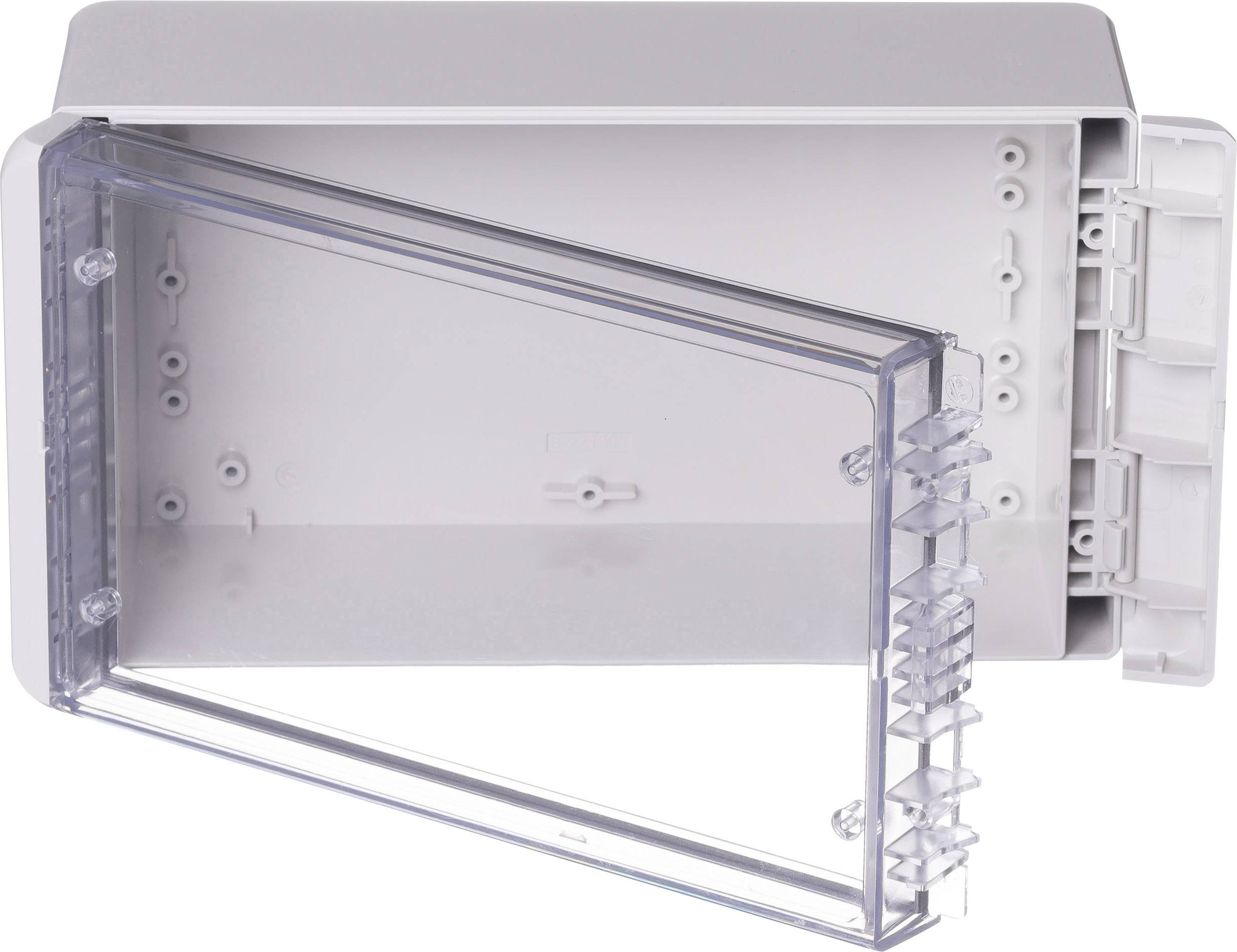 A grey, rectangular plastic enclosure with a transparent, hinged cover.