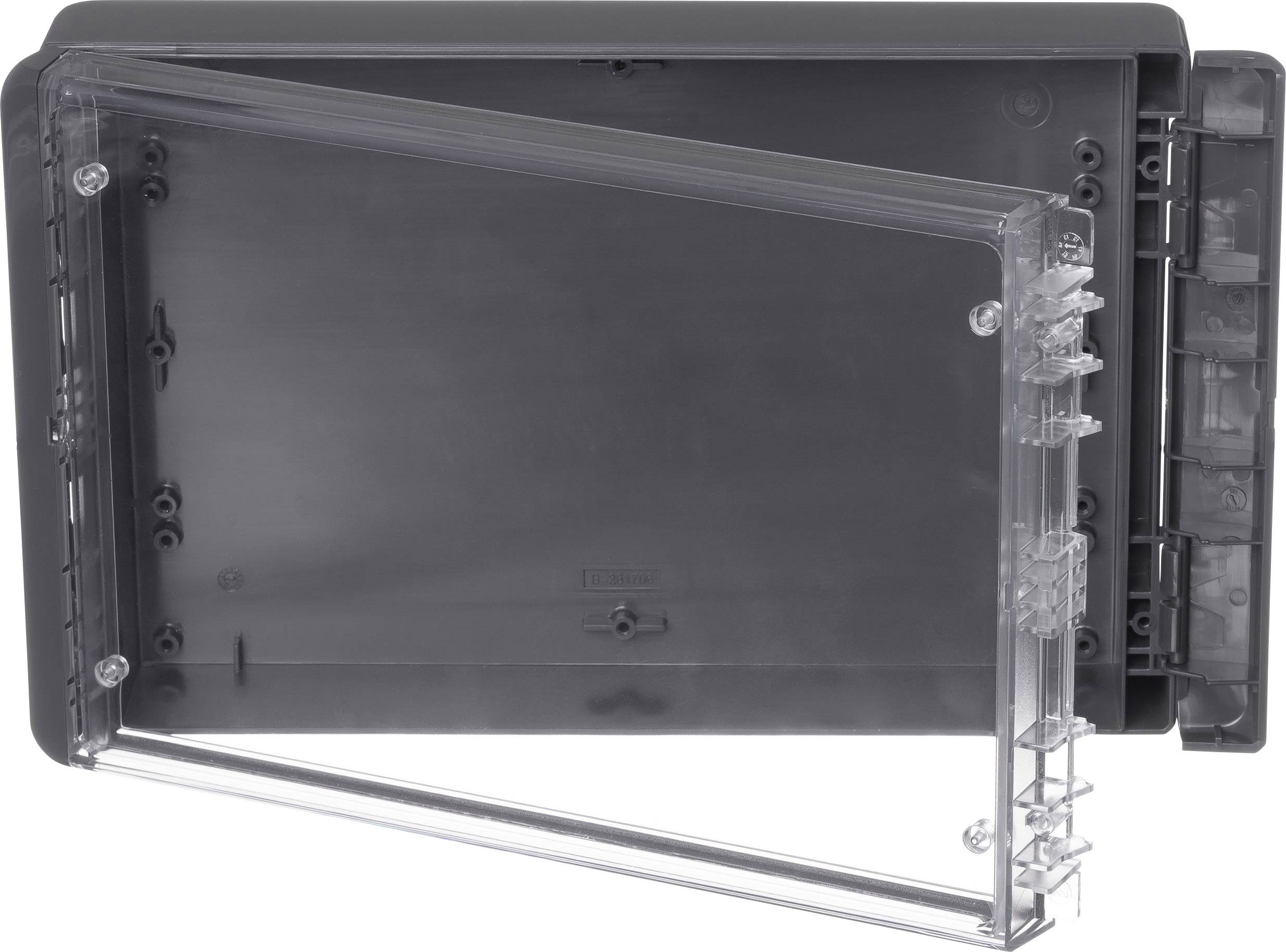 A grey, rectangular box with a transparent, hinged lid. It is often used for storing electronic components.