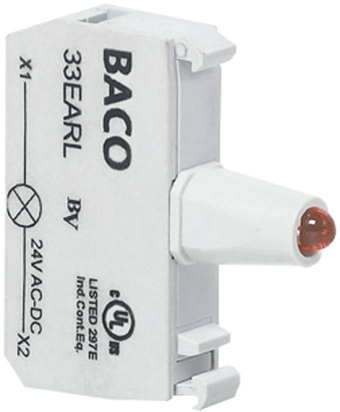 View of an electrical component 'BACO 33EARL', 24VAC-DC. Contains UL verification mark. Includes red indicator light. Used in switching systems.