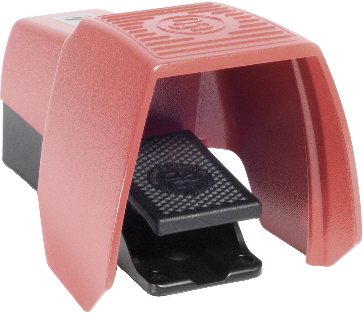 Red foot machine with black pedal, protected by a housing. Used for machine control via foot pressure.Red foot-operated machine with a black pedal, housed in a protective casing. Designed for controlling machinery through foot activation.