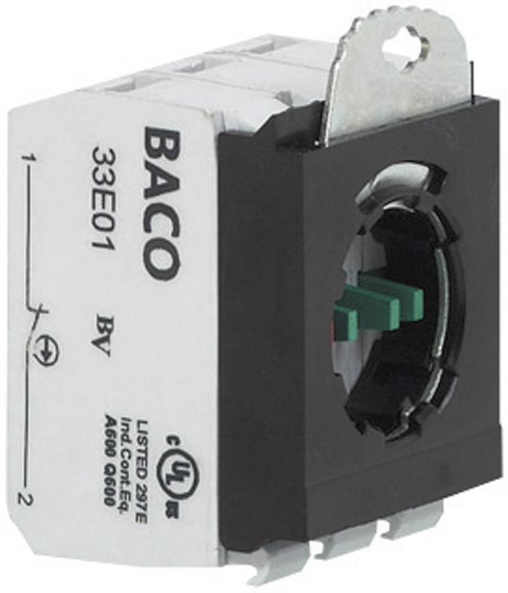 A rectangular electrical switch assembly by BACO, Model 33E01, with UL certification and a metallic mounting tab.