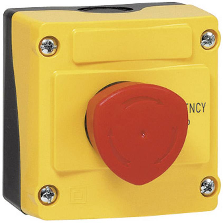 Yellow emergency stop switch with a red button, mounted on a wall. Switch ready for use in case of emergency to shut down machinery.