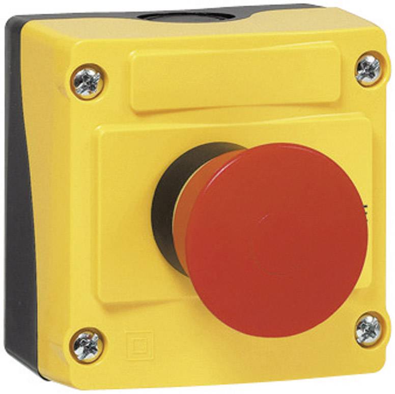 Yellow emergency stop switch housing with red button, square-shaped, secured with four screws. Used for safety in machinery.