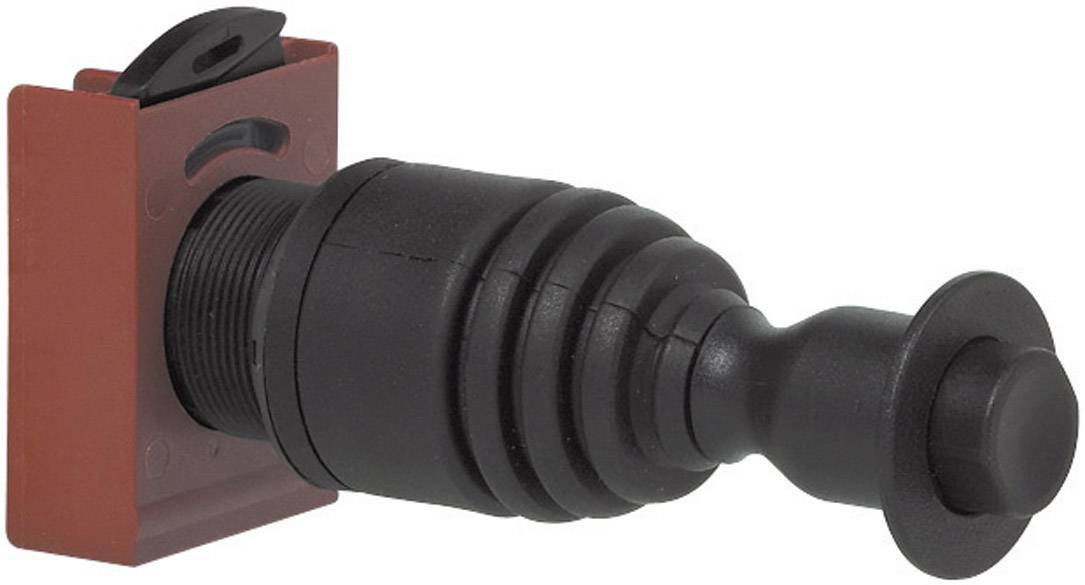 A black, ribbed protective switch with a red base and rounded tip, mounted in a holder.