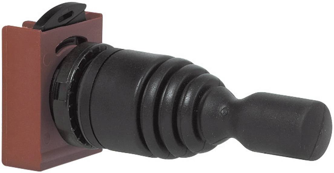 Close-up of a black joystick with a red base, commonly used in industrial control systems.