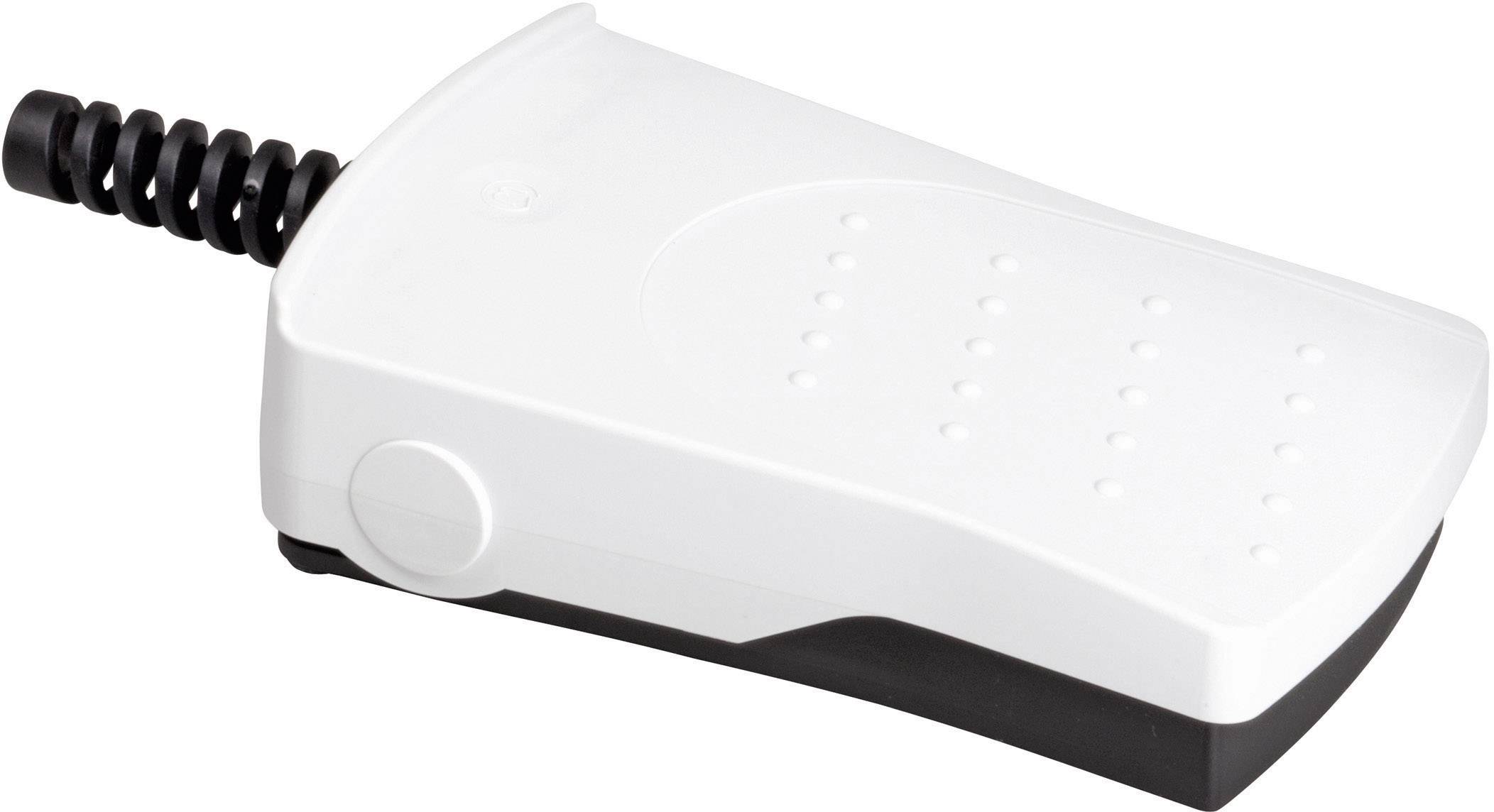 A white, rectangular device with rounded corners, a dotted pattern on the top surface and a cable with a black spiral at one end.