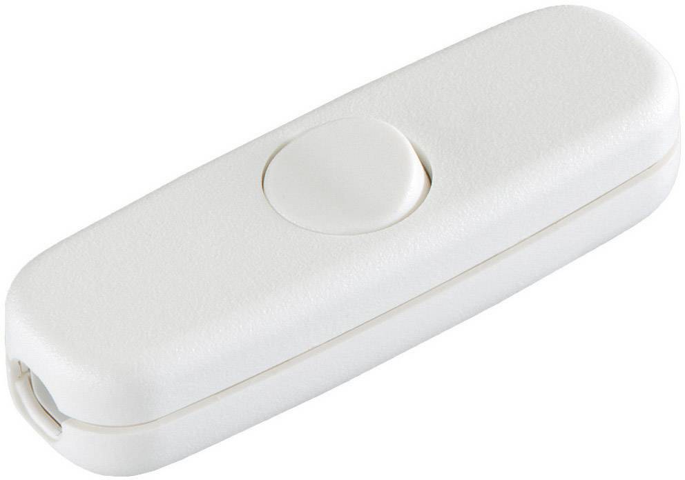A white, rectangular toggle switch with rounded corners and a circular button in the centre; used for switching on and off.