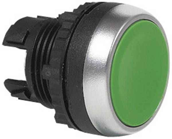 Green button on a black base, symbol for start or activation, often used in machine control panels.