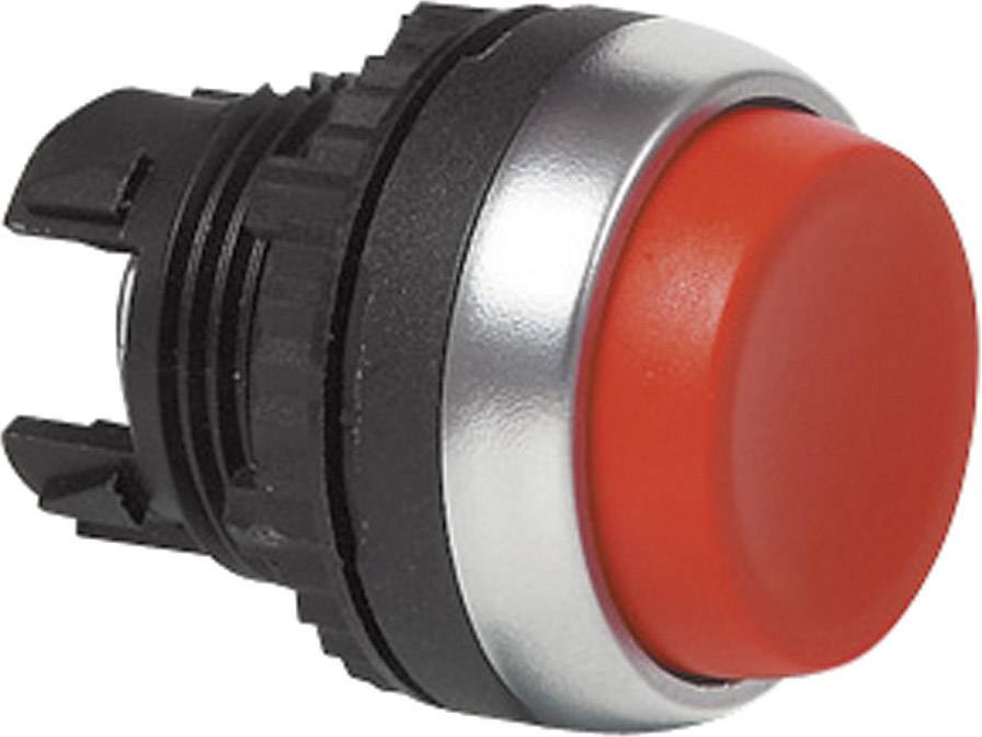 Red emergency stop button with metallic frame and black mounting.