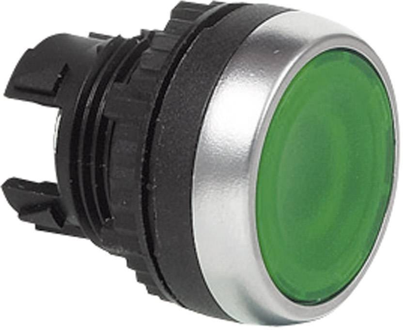 Green push button with silver rim, for operating machines or electronic devices.Note: This translation is already in British English, so no significant changes were needed.