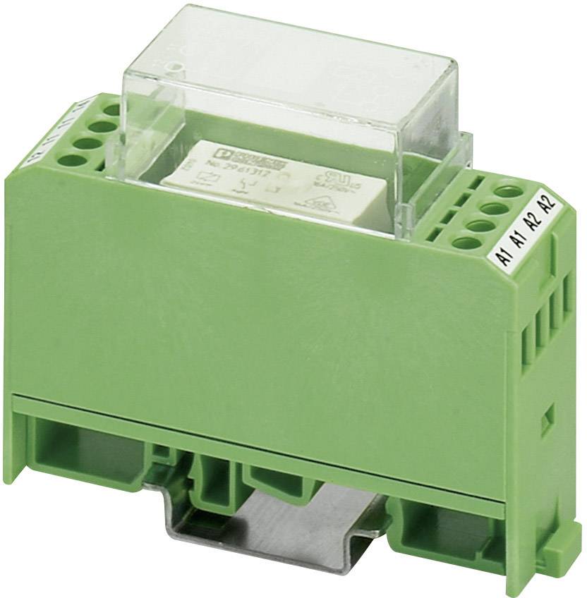 Green coupling relay module in housing with transparent cover, terminal blocks, and labelling A1, A2, 11, 14, R1, R2.