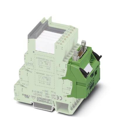 Green electric relay module for mounting on a DIN rail, with multiple terminals and a transparent cover.