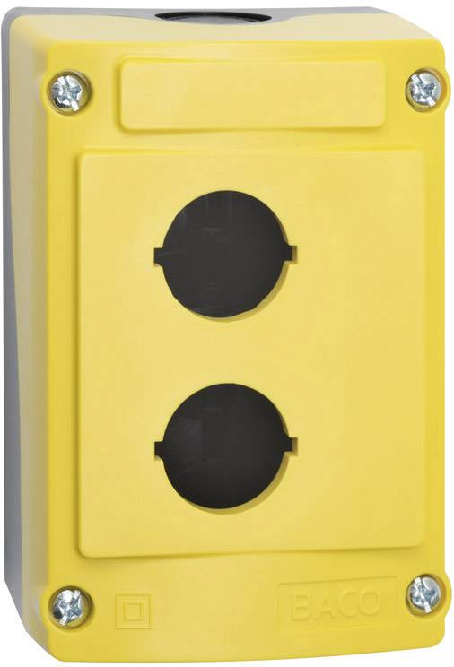 Yellow enclosure with two round openings and four metal screws at the corners, suitable for industrial switch mounting.