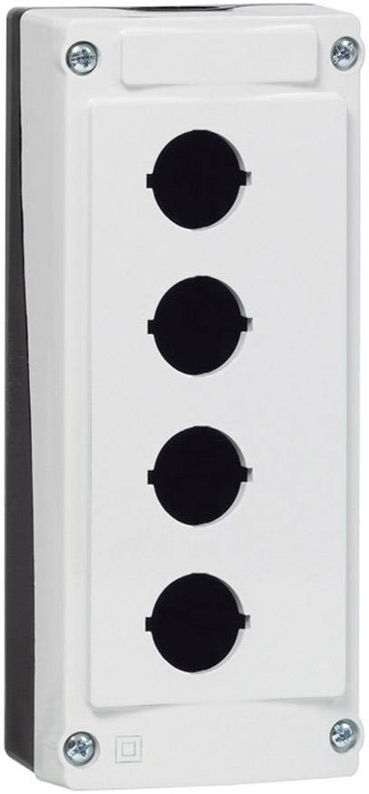 Empty enclosure with four round openings for switches or buttons, suitable for industrial applications or electrical installations.