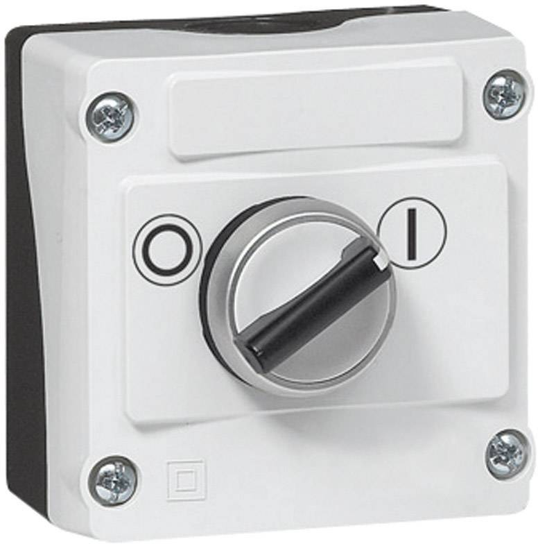 A white switch on the wall with a rotary knob in the centre. Marked with 'O' for 'Off' and 'I' for 'On'.