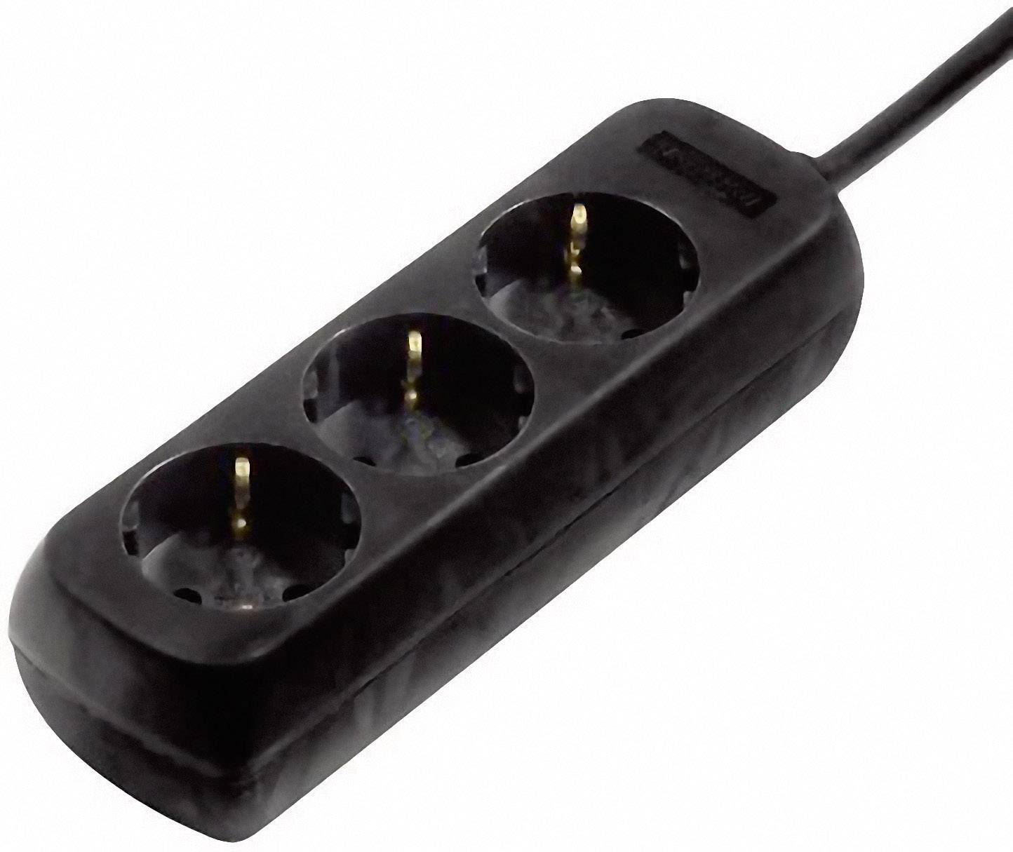 Black triple power strip with cable, suitable for European plugs. Ideal for connecting multiple electrical devices.